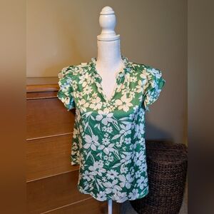 Flower & Feather Green White Silky Floral Shirt SZ L